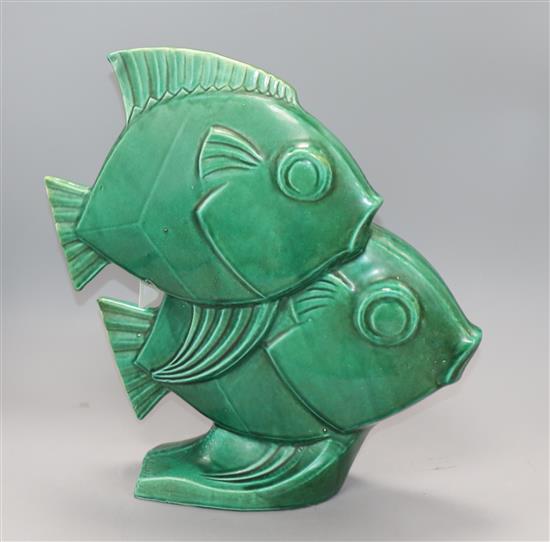 An Art Deco French green glazed model of fish, signed Lejan H.37cm